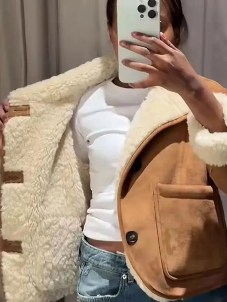 HH 2025 Autumn Winter Women Double Sided Coats Vintage Long Sleeve Faux Lamb Wool Jacket Fashion High Street Lady Chic Outwear