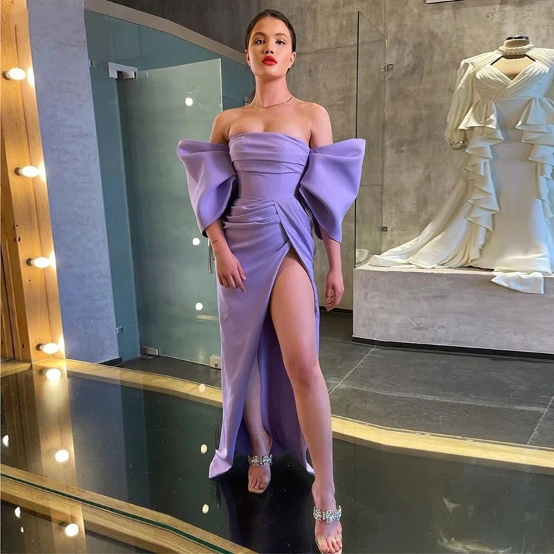 

Purple Mermaid Evening Dresses Satin Off The Shoulder Puff Sleeves Sexy Side Slit Pleats Formal Party Prom Gown فساتين الحفلات