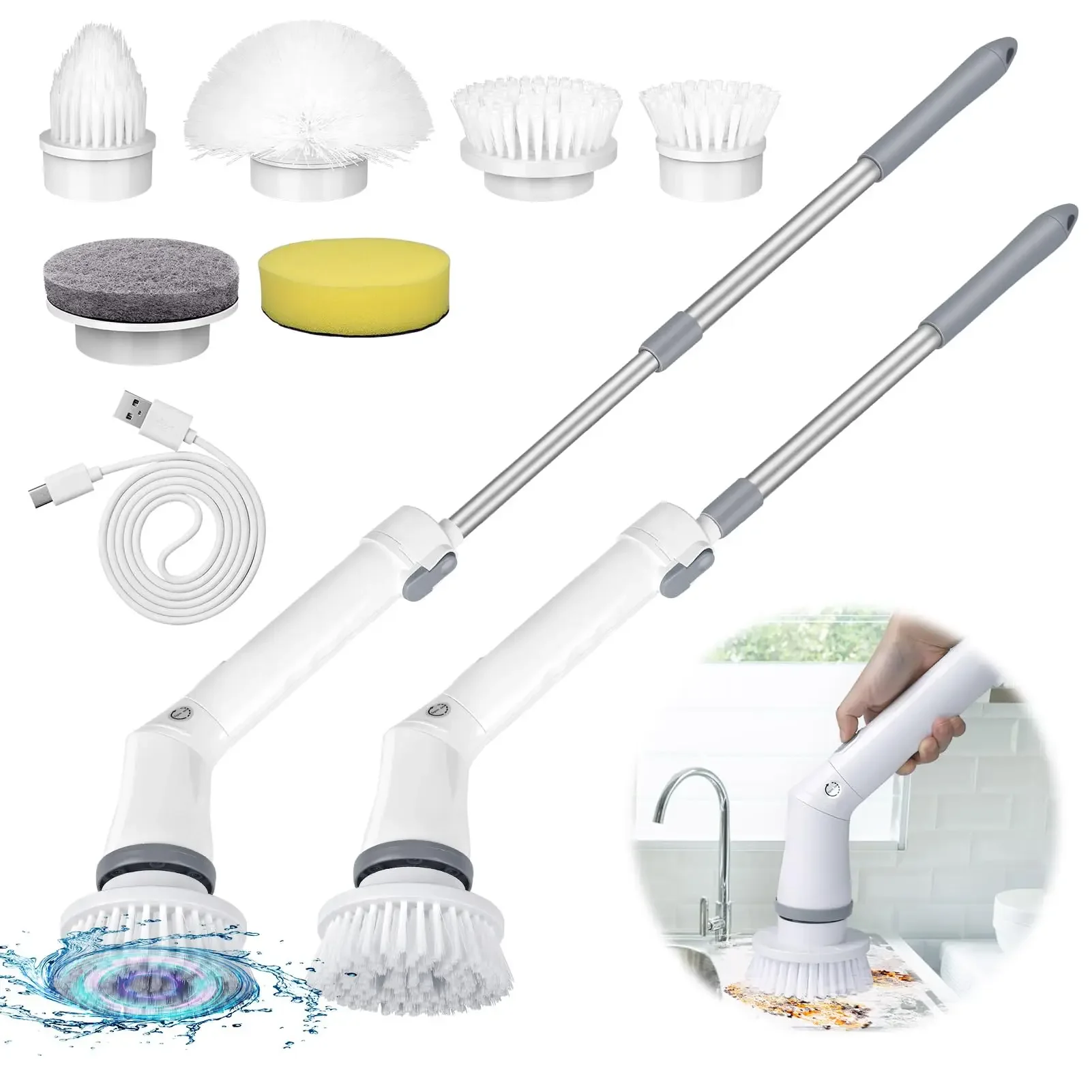 

White industrial vacuum with wireless technology, multi-purpose retractable toilet brush included - 6 types of brush set in tota