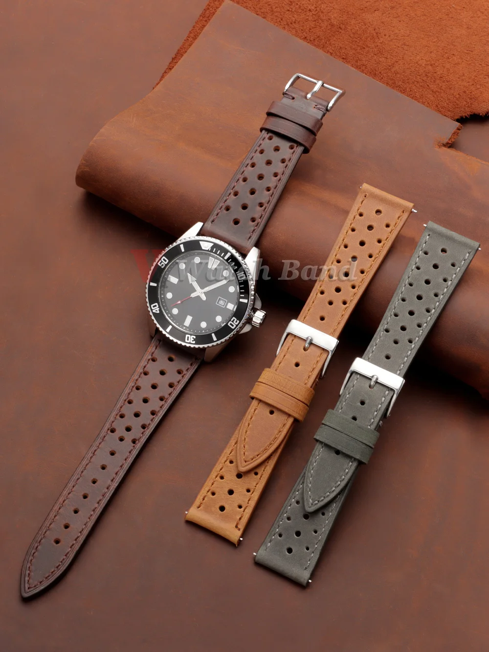 Vintage Racing Leather Breathable Watch Strap in Brown