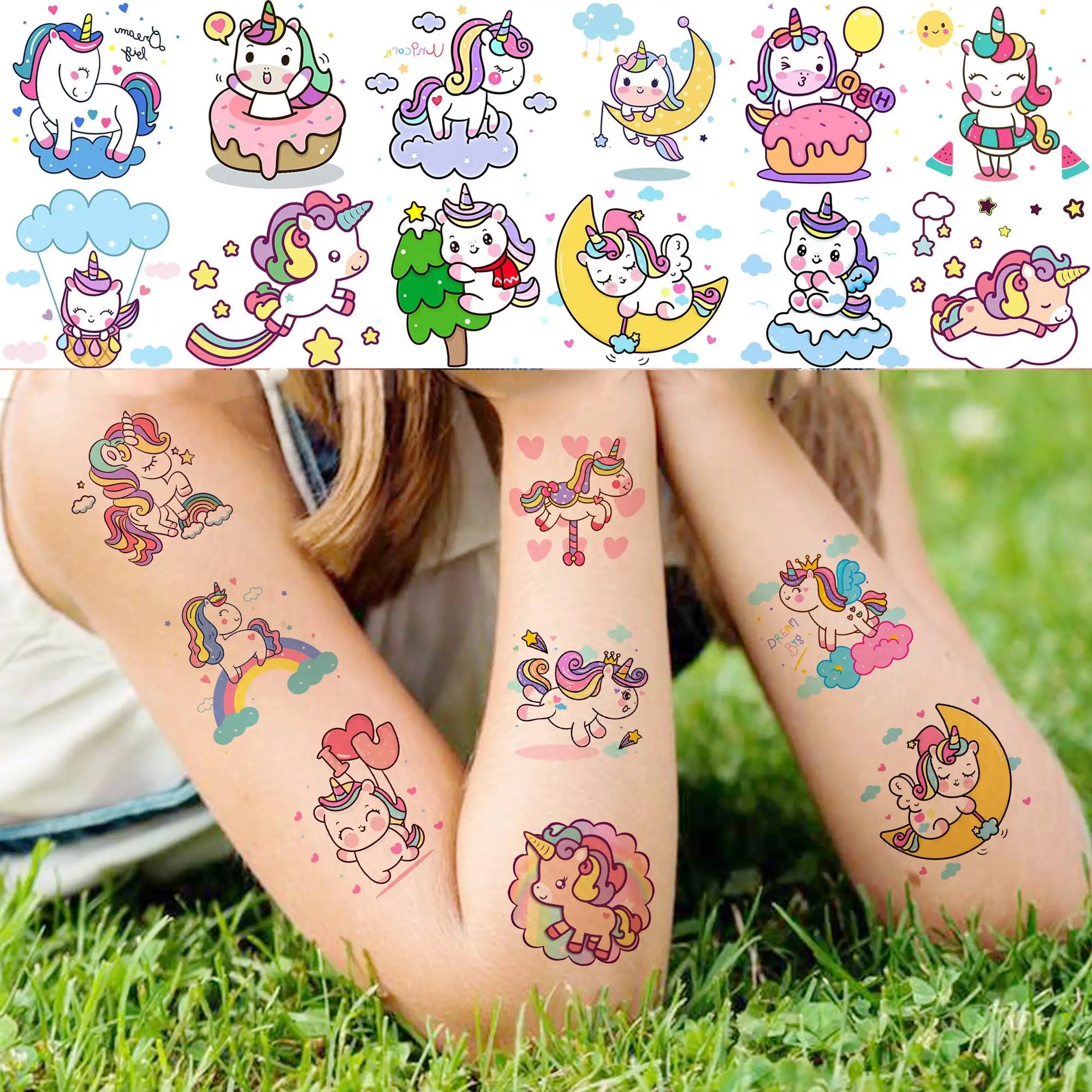 Tattoo Sticker Temporary Tattoos 50 PCS Cute Unicorn Temporary Tattoos For Girls Kids Face Waterproof Fake Tattoo Sticker Cartoon Birthday Gifts Tatoos Body Art