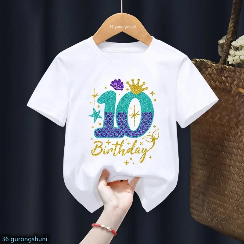 여아용 귀여운 어린이 옷, 6 번째 생일 선물, 인어 공주 왕관 프린트 티셔츠, 하라주쿠 귀여운 옷, 흰색 티셔츠