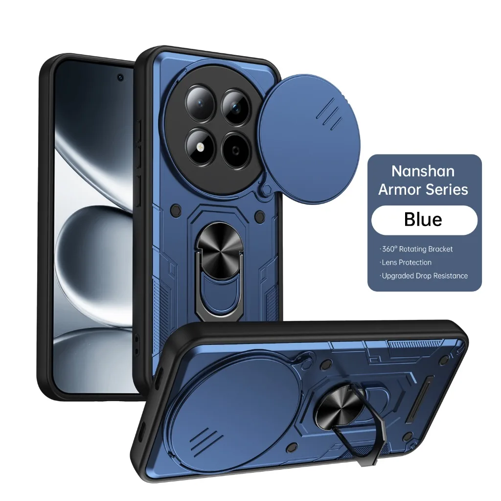 Rugged Shockproof Phone Case with Slide Camera Protection and 360° Rotating Ring Holder Kickstand