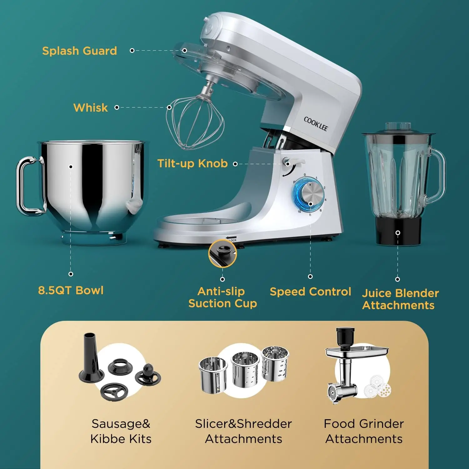 Mixer, 8.5 Qt. Multifunctional Electric Kitchen Mixer with Beater, Whisk, Dough Hook, Meat Grinder and Other Accessories for Mos 4