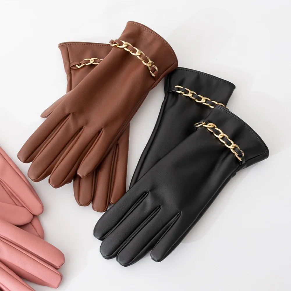 

PU Leather Gloves Minimalism Solid Color Chain Outdoor Riding Gloves Warm Gloves