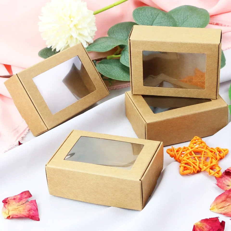 50 Pieces Mini Kraft Paper Box With Window Present Packaging Treat For Homemade Soap Bakery Candy (White