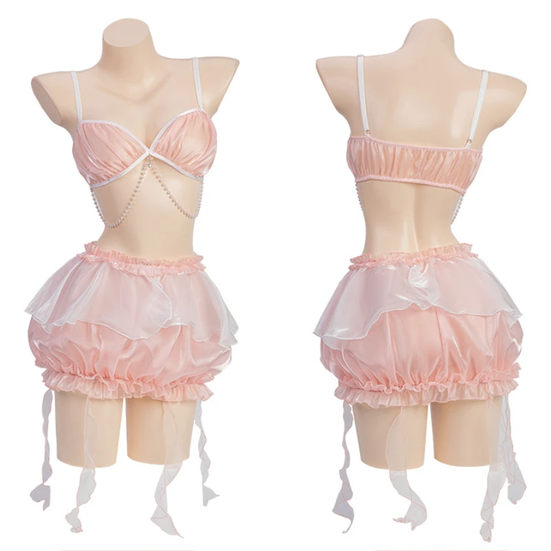 

Anime Cute Pink Gauze Pumpkin Skirt Suit The Flower Fairy Cosplay Costume Sweet Pearl Chain Underwear Role Play Lingerie Outfits