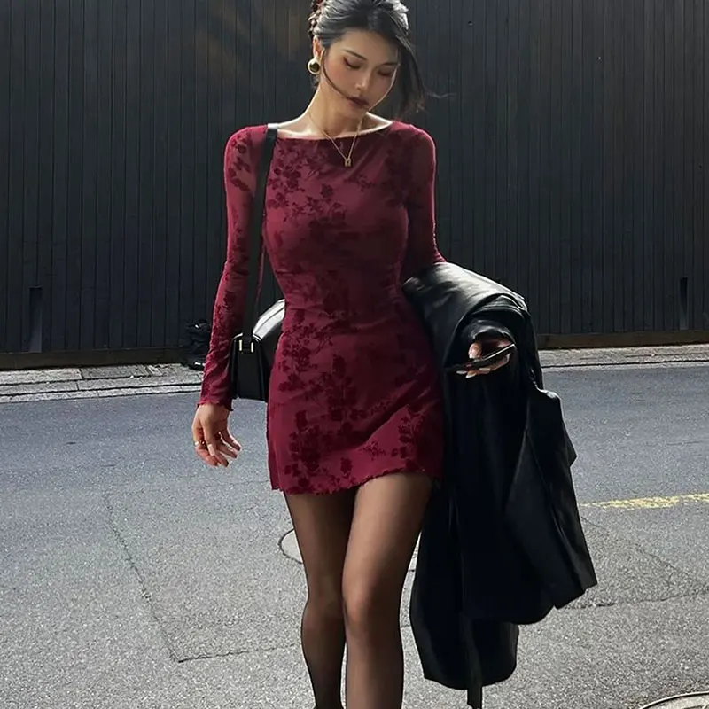 Wine Red Sexy Dresses Women Autumn New O-Neck Streetwear Fashion Print Long Sleeves Dresses Lady Knitted Pullover Clothing Dress 3