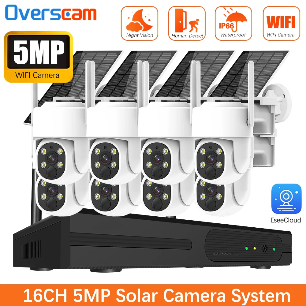 16채널 NVR 5MP 와이파이 태양광 PTZ 카메라 키트 실외 무선 PIR 감..