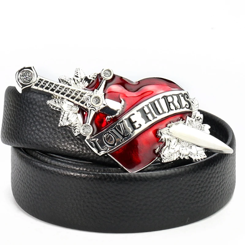 4cm Belt Red Heart Love In Hurts Bleeding Stabbed Sword Belt Buckle Leather Craft Strap DIY Man