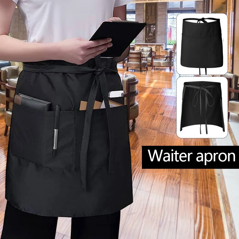 unisex fashion work apron for men canvas black apron bib adjustable cooking kitchen potective aprons for woman with tool pockets Waiter's Half Length Apron Black Short Apron With Pockets  Waitress Coffee Tea Shop Cafe Cooking Kitchen Men Women Work Aprons