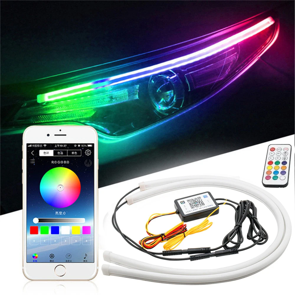 

60cm RGB 12V DRL Daytime Running Light APP/RF Remote Control Flowing Turn Signal Lamp LED Headlight Strips For Car Accessory 12V