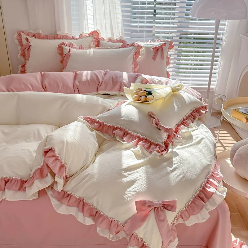 

Bedding Set Luxury Princess Ruffle Bow Bed Linen Thicken Warm Washed Cotton Quilt Cover Sheet Pillowcase Pink Girl Bedroom Decor