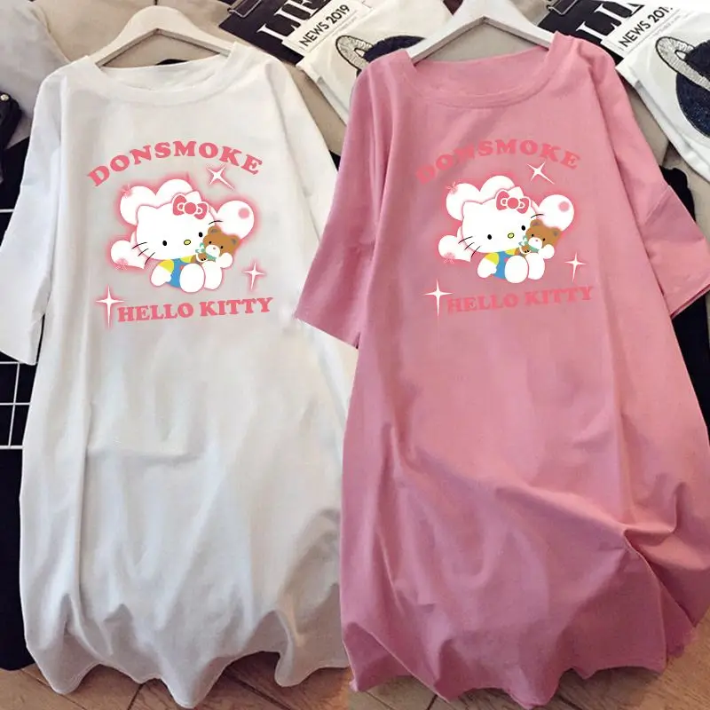 

Sanrio Summer Loose Short-Sleeved Pajamas New Hellokitty Nightdress Girls Medium Length Plus Size Casual Home Wear Lazy Dress