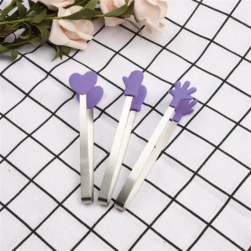 1/3pc Silicone Mini Tongs Stainless Steel Hand Shape Food Tongs Kitchen Barbecue Steak Frying Clip Barbecue Snack Ice Candy Clip food tongs
