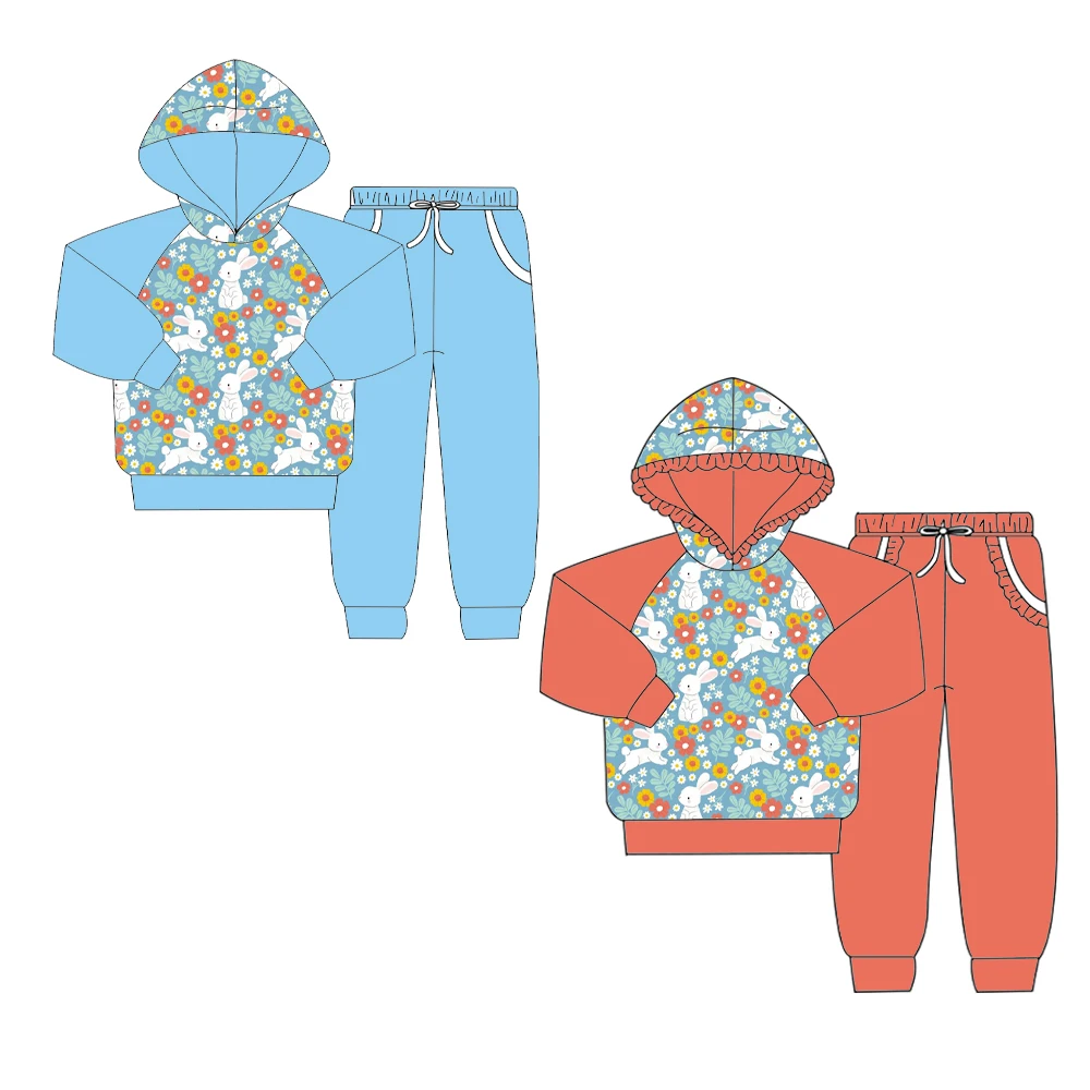 

New style Easter Girls and boys clothes Long-sleeved trousers set Casual style Sibling suit bunny and floret design