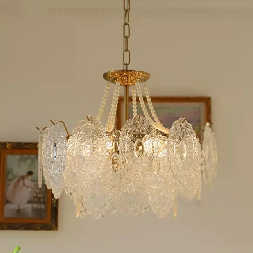 French Pearl Crystal Living Room Chandelier Retro American Gold Light Luxury Dining Room Bedroom Decoration Wedding Glass Chande