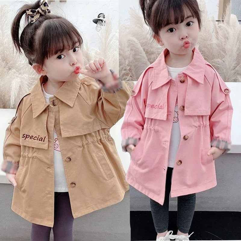 

2 Color Spring Autumn Girls Medium Long Trench Coat Cartoon Bear Pattern Splicing Fashion Casual Coat For 2-8 Years Old Kids