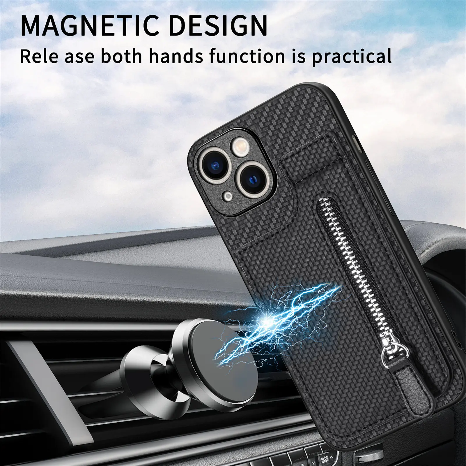 Leather Zipper Wallet Phone Case with Card Slots and Magnetic Holder