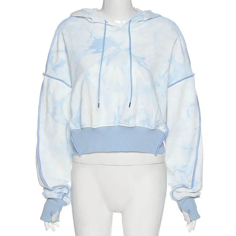 Fall and Winter New  Women's Short Loose Fashion Tie-dye Hooded Long Sleeve Blue Pullover Female Korean Hoodies Sweatshirt