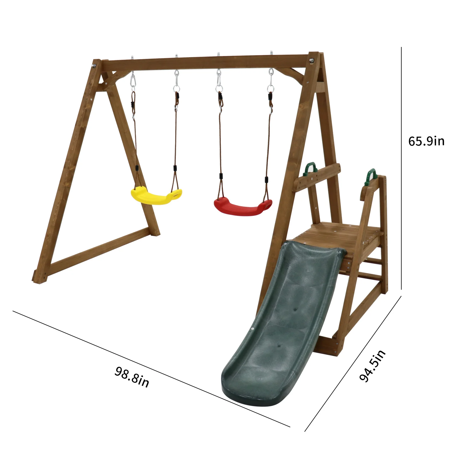 Wood Swing Set for Backyard, 2 in 1 Outdoor Swing Set with Slide, Climbing Rope Ladder Kids Backyard Playset 5
