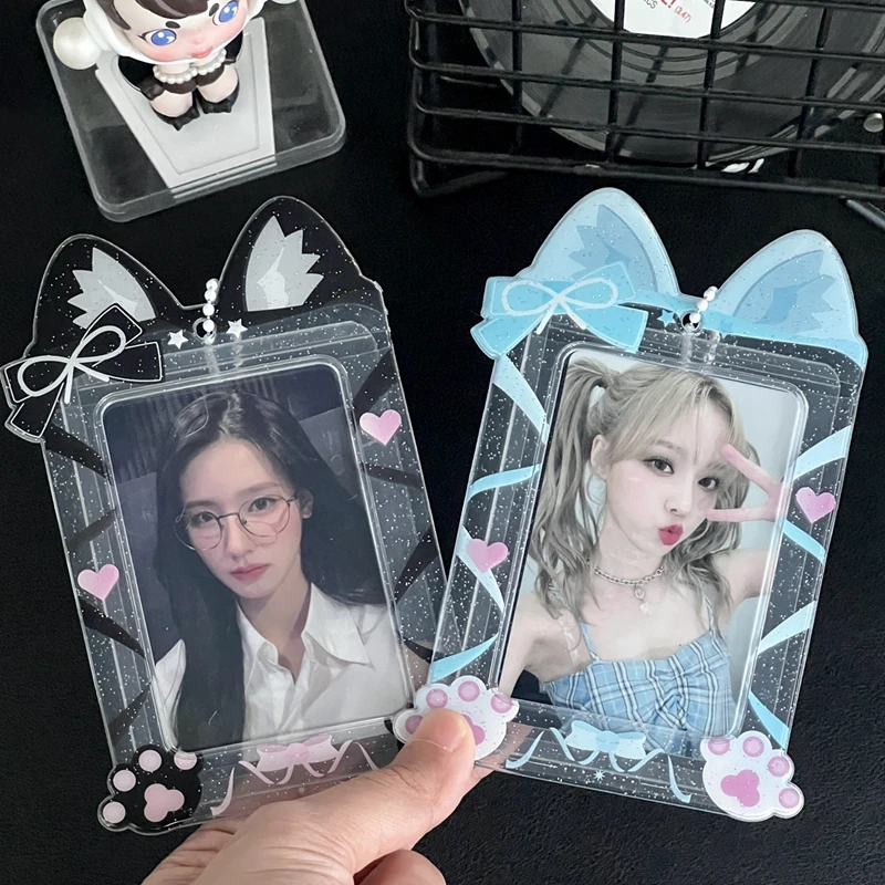 New Ins Cute Cat Ribbon PVC Photocard Holder Kpop Photo Card Holder Bag Pendant Korean Stationery Gifts 6