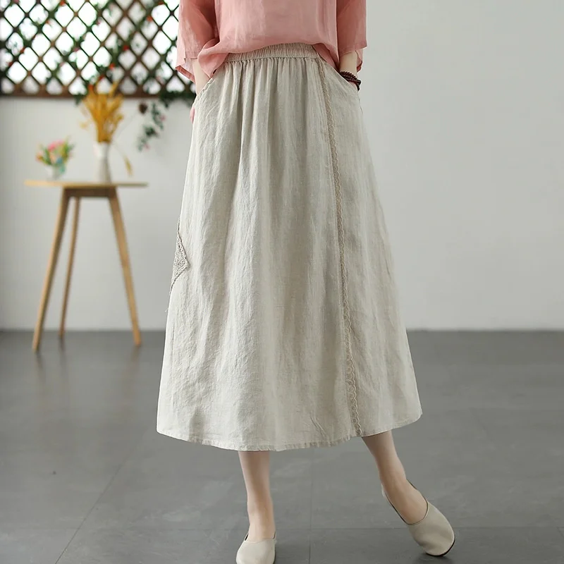 

NINI WONDERLAND Summer Linen Loose Lace Spliced A-line Skirt 2023 Women Solid Color Elastic Waist Casual Skirts Vintage Skirt