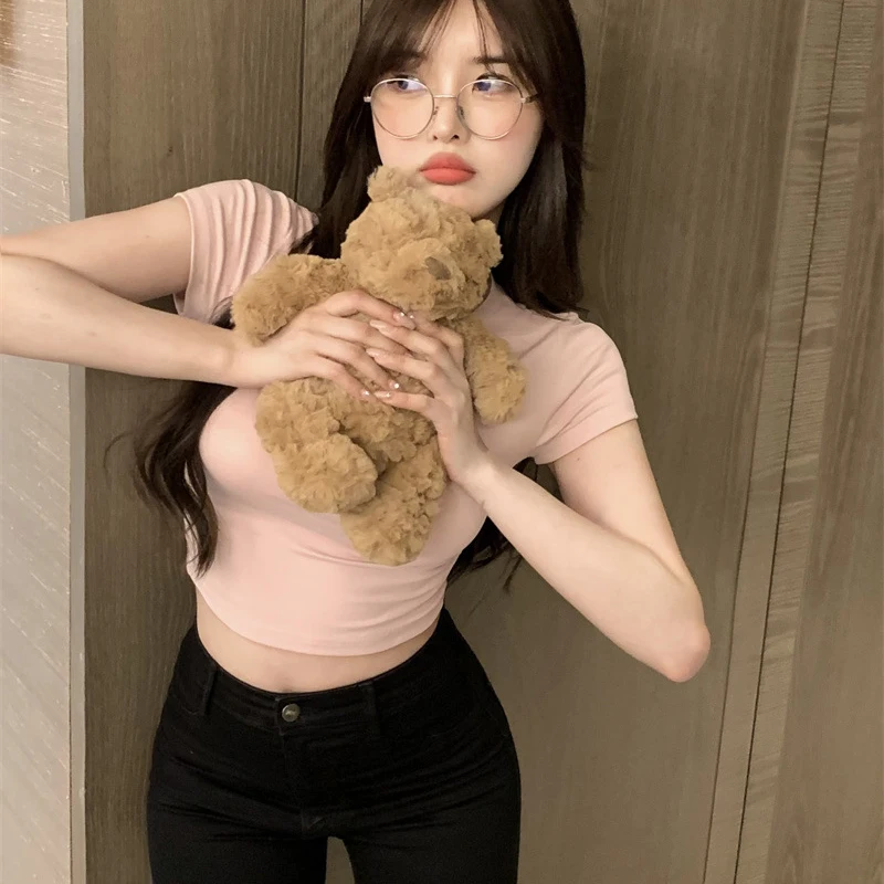 Szexi póló női nyári vékony póló női, egyszínű, rövid ujjú koreai Kpop vékony O-nyakú póló női ruhák Top943_voghion.com