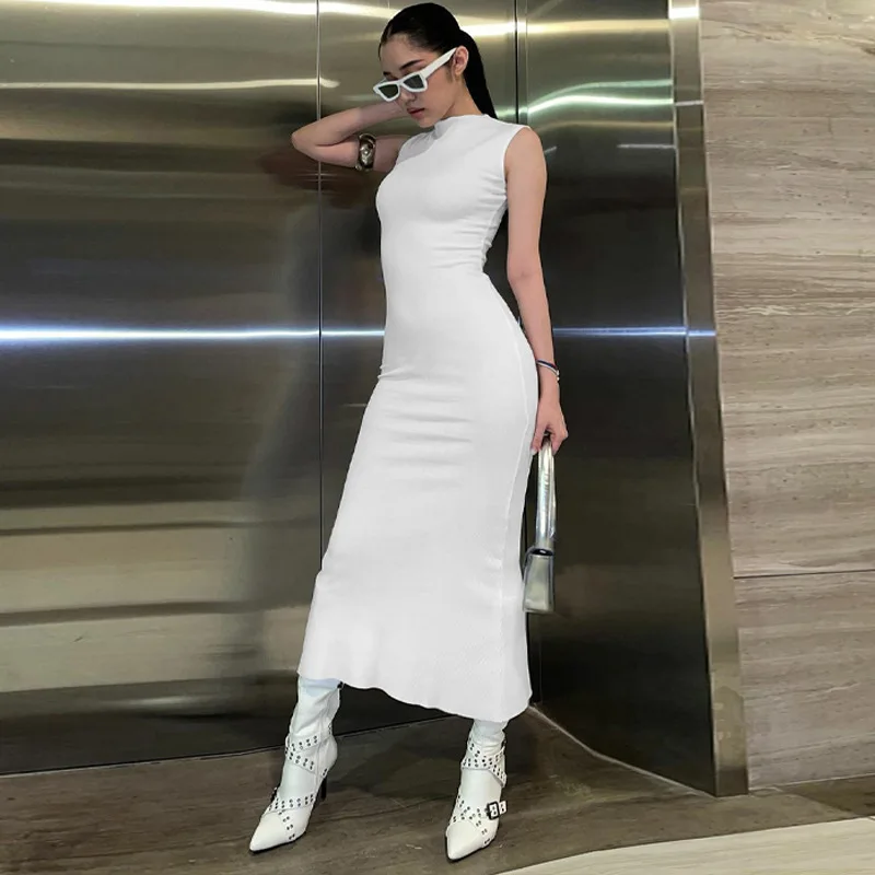 Vestido largo liso sin mangas para mujer, ajustado, con hombros descubiertos, elegante, ajustado, para fiesta, de verano