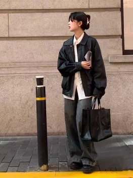 Vintage PU Leather Jacket Women High Street Techwear Oversized Moto Biker Coats BF Punk Loose Casual Cropped Outerwear 3