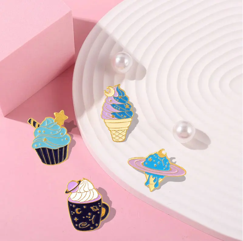 

10 PCS / LOT Planet Ice Cream Enamel Pin Custom Cupcake Dessert Brooches Badges for Bag Clothes Cartoon Playful Universe