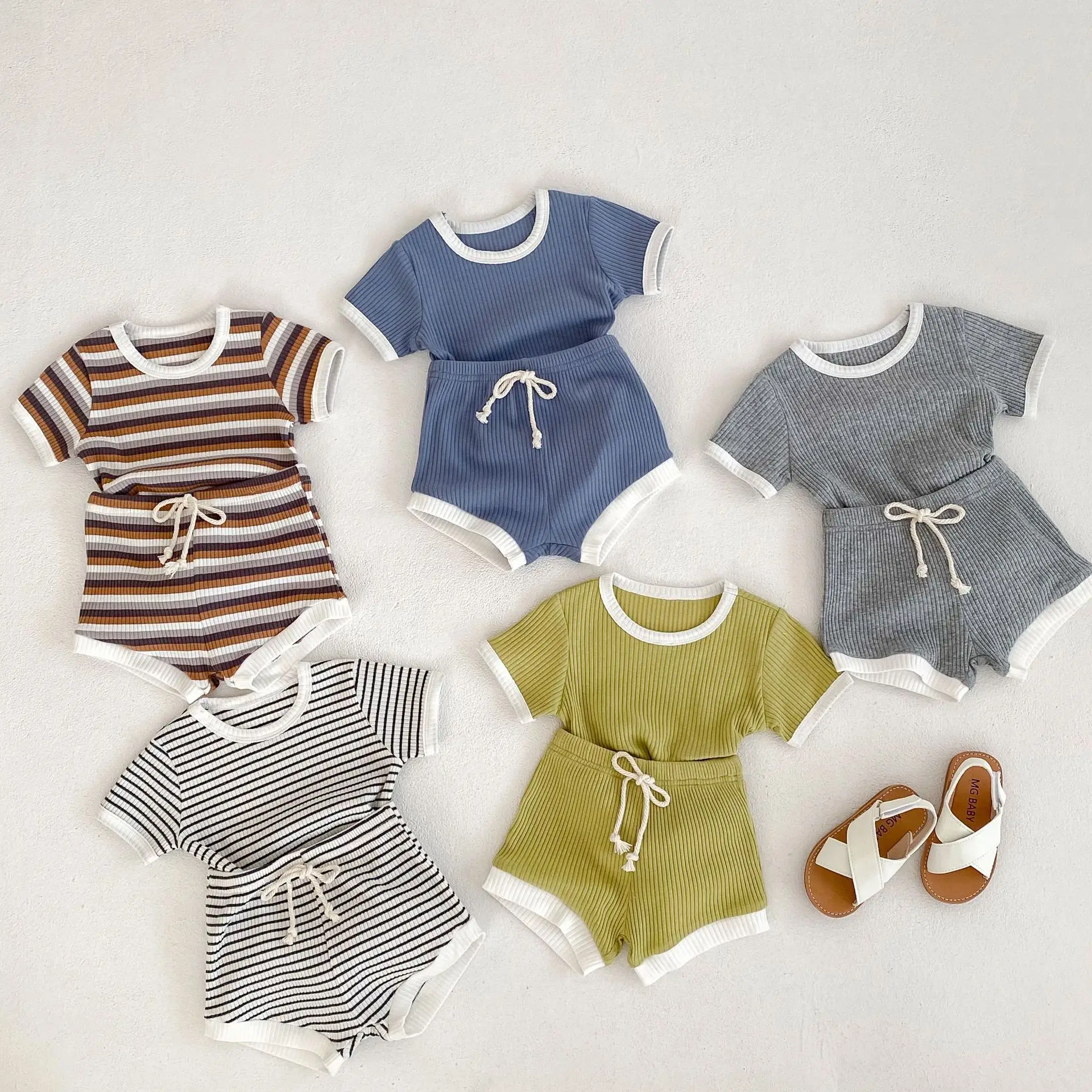 Baby Clothing Set Brief Boys Track Suit Waffle Tee And Shorts