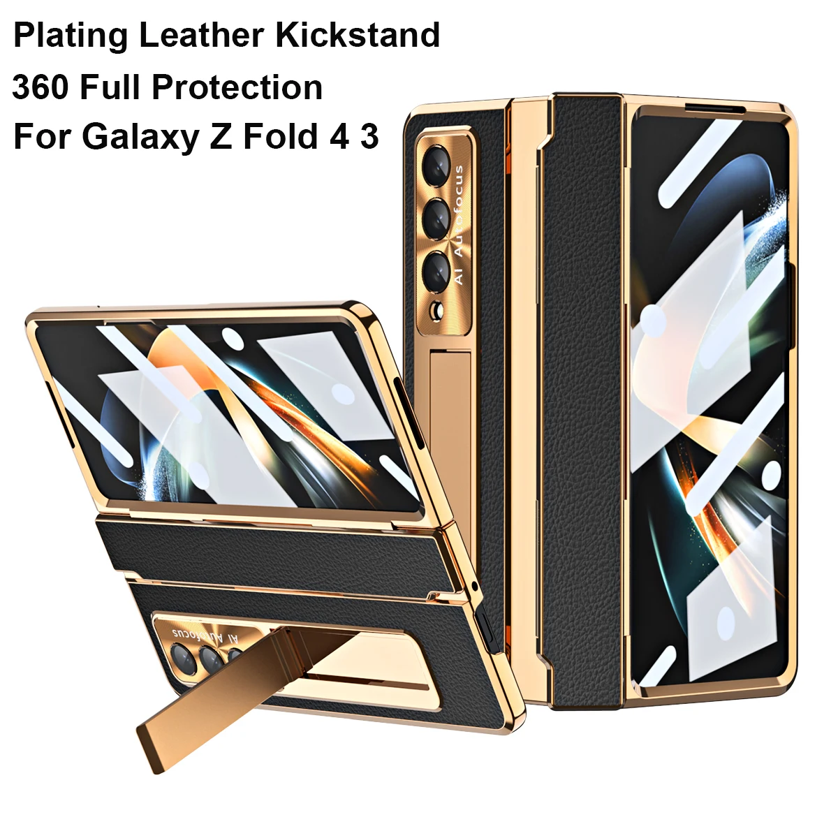 

Plating Kickstand Leather Case For Samsung Galaxy Z Fold 4 3 5 Full Protection Shockproof Magnetic Credit Card Slot Wallet Cover