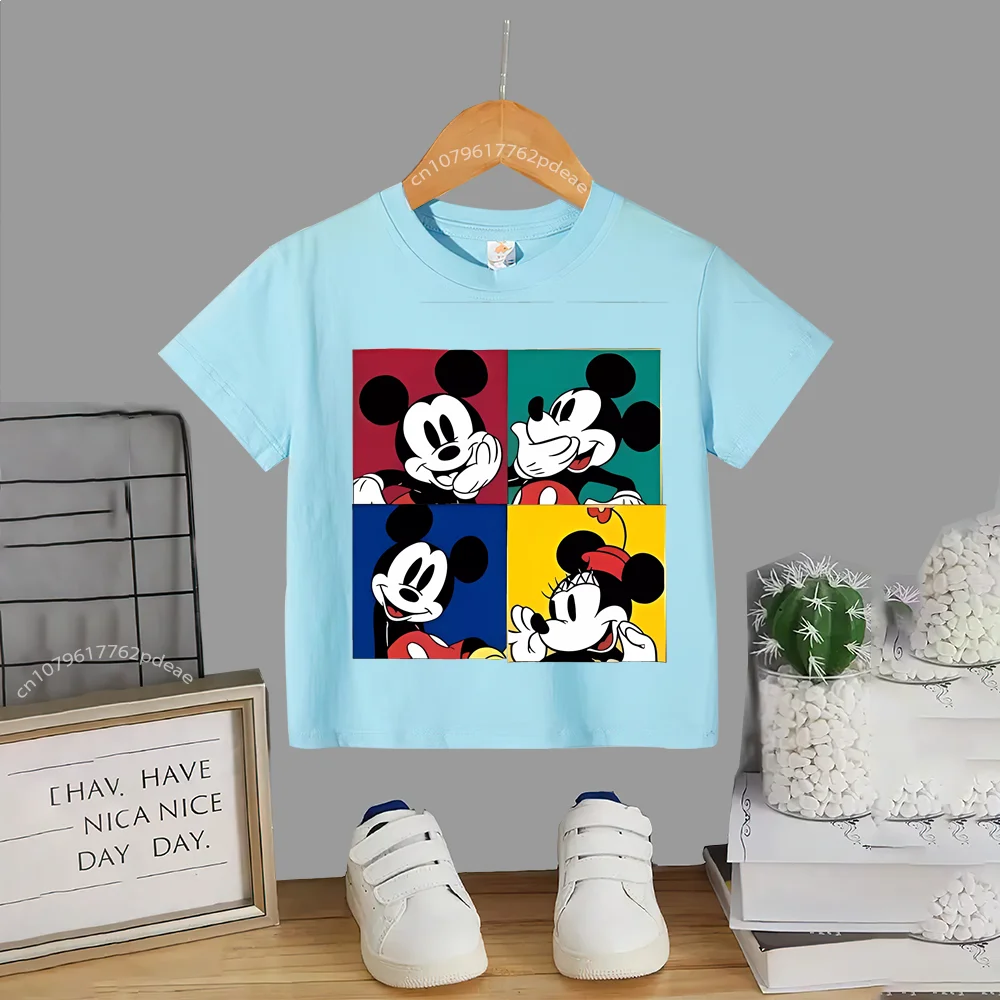 Disney Street Teen 100% Cotton T-shirt Kids Cartoon Mickey Outdoor Comfortable Casual crew neck T-shirt Boys Girls short sleeve 2