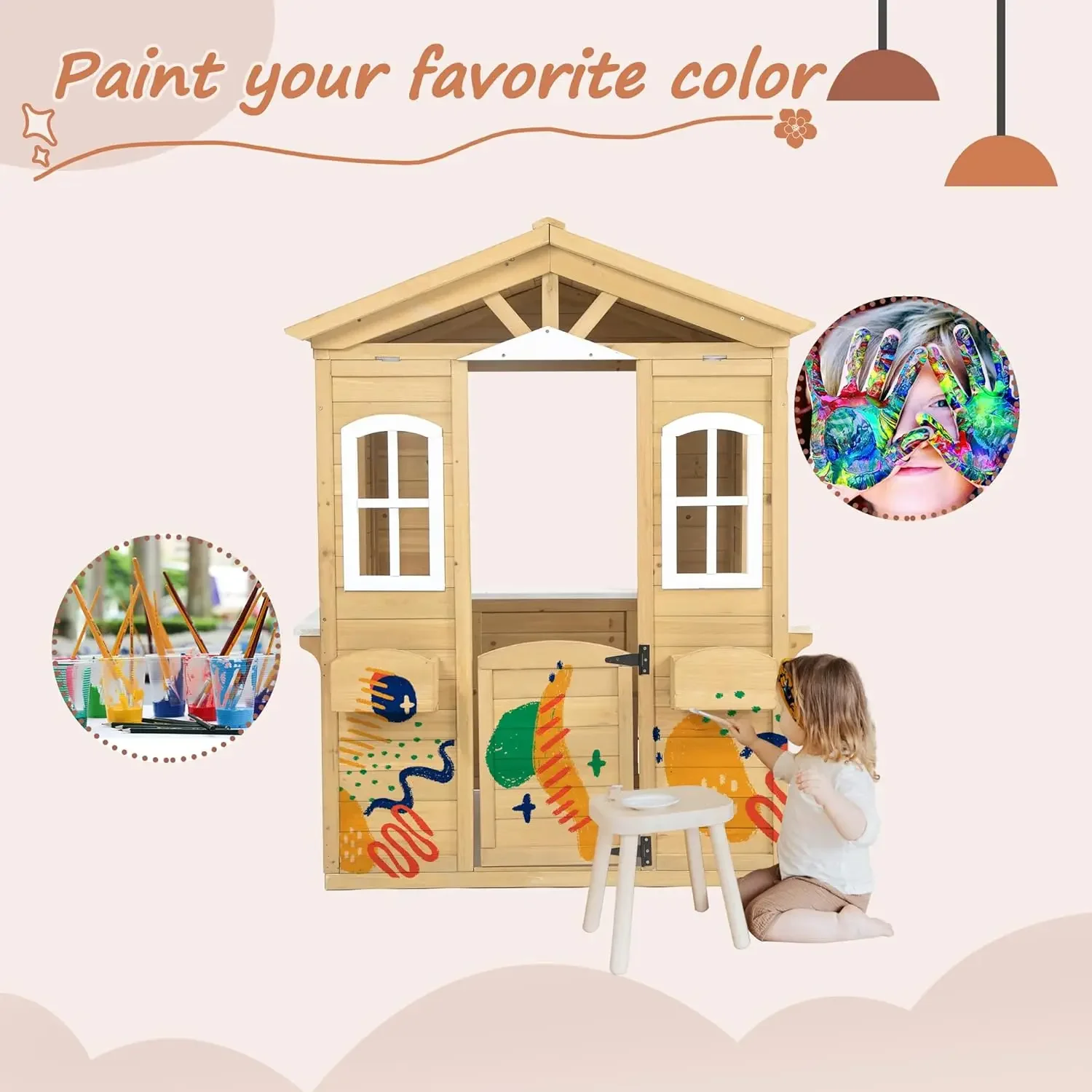 Wooden Playhouse for Kids Outdoor,Kids Playhouse with Working Door, Windows, Mailbox,Flowers Pot Holder & Serving Station,