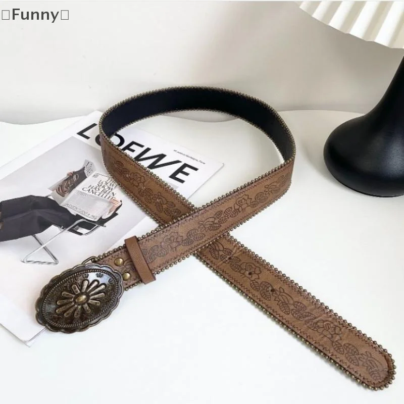 ΣFunny SigurVintage geschnitzte Schnalle PU breite Gürtel Boho Braun geprägter Bund Western Jeans Hosengürtel