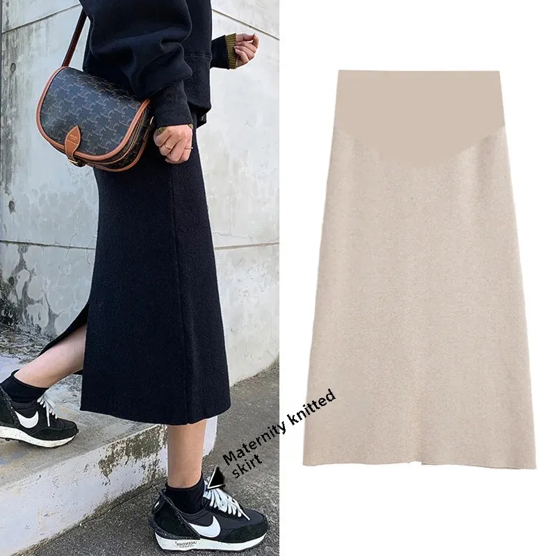 Maternity Midi Skirt Knitted with Core-Shell Yarn Adjustable Belly Support Semi-Long Versatile Skirts for Pregnant Women