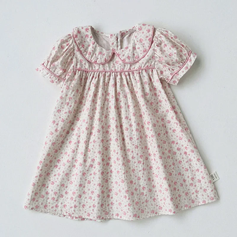 New Summer Sister Clothing 2-7Yrs Baby Girl Birthday Party Dress Short Sleeved Cotton Flower Print Kids Princess Dresses
