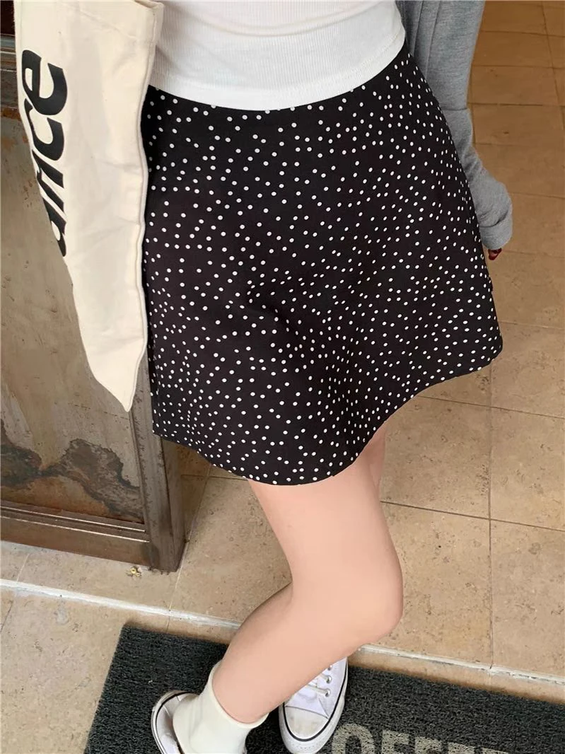 

New Dot Black Mini Skirt Woman Summer High Waist A-line Preppy Style Vintage Short Faldas Y2k Casual Sweet Streetwear Skirts