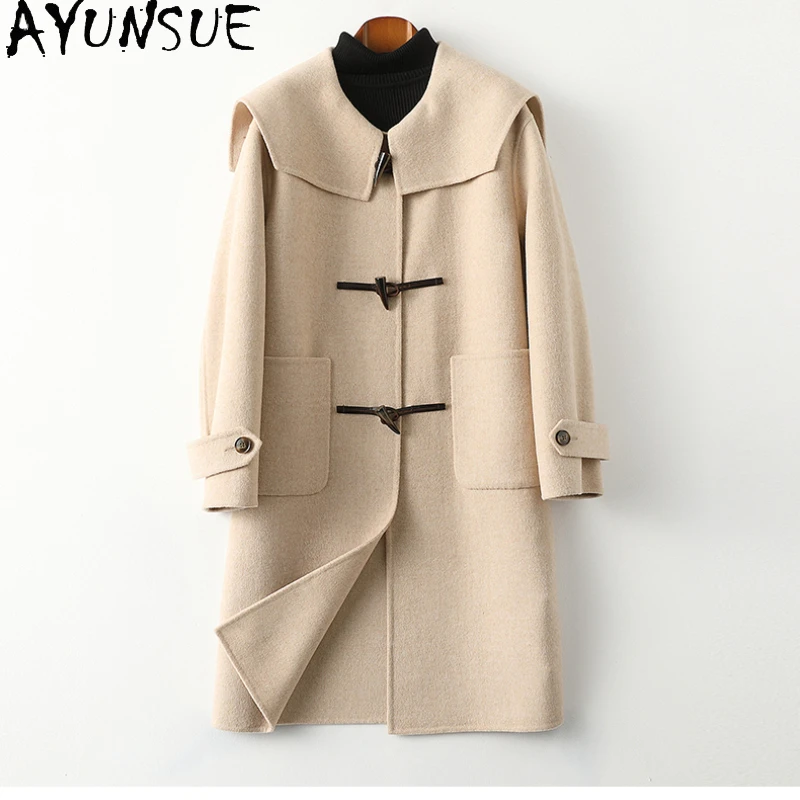 

AYUNSUE Elegant 70% Wool Coats Female Winter Fall Clothing Women Pure Color Double-sided Woolen Jacket Navy Collar Abrigo Mujer