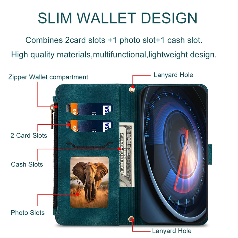 Luxury Retro Zipper Wallet Leather Flip Cover Case