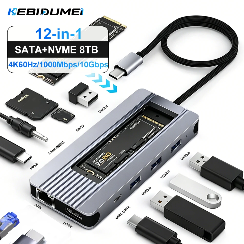 KEBIDUMEI Hub USB C 12 en 1 para SSD M.2, Estación de Conexión USB C a HDMI 4K60Hz/RJ45 1000Mbps/PD100W/USB3.0 5Gbps, Hub Tipo C para Portátil