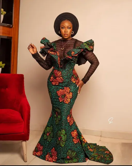 Pere Lace Sleeve Print Long Fishtail Dress - Image 2