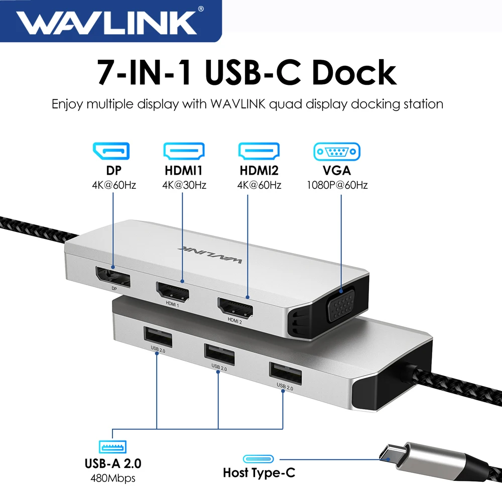 Wavlink Usb C Docking Station Per Laptop 4 Monitor Adattatore Multiporta 7 In 1 Con Doppio 4K Hdmi 4K Dp Vga Per Dell/Hp/Lenovo/Thinkpad