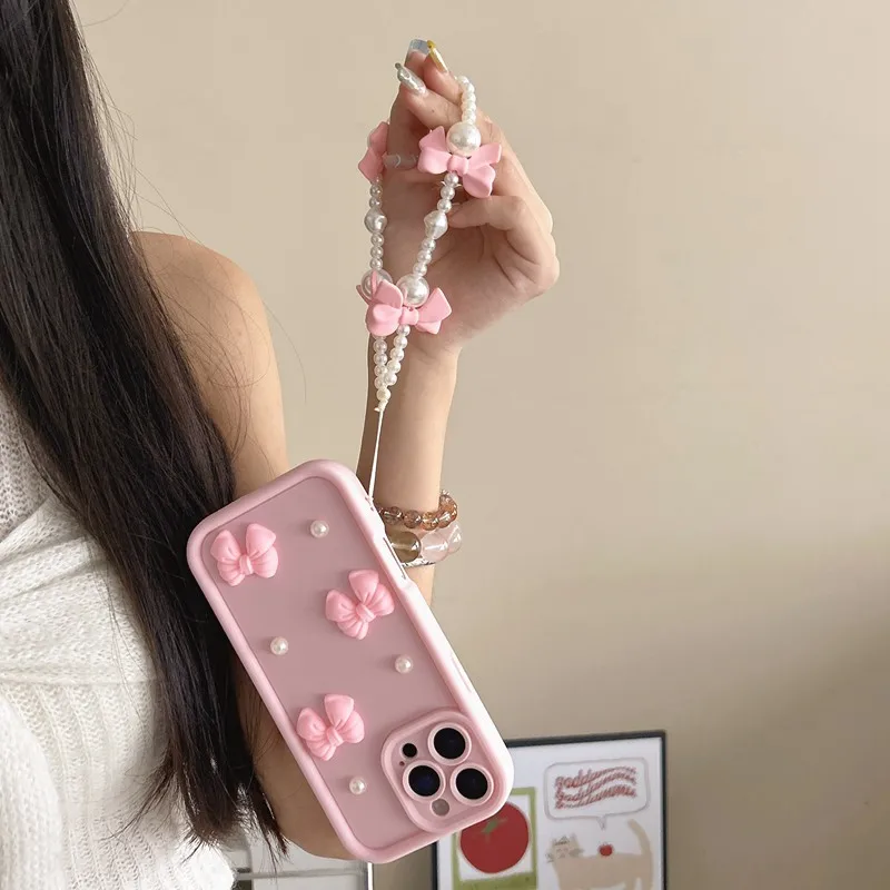 Elegant Bow Tie Pearl Chain Rope Phone Case - Soft Cover