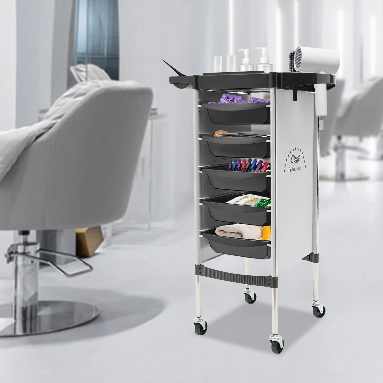 6-stufiger rollender Schönheitswagen, 5 Schubladen und faltbare Platte, Salon-Organizer aus Edelstahl für Friseursalon, Zuhause, Haustierbräutigam – Detail 17