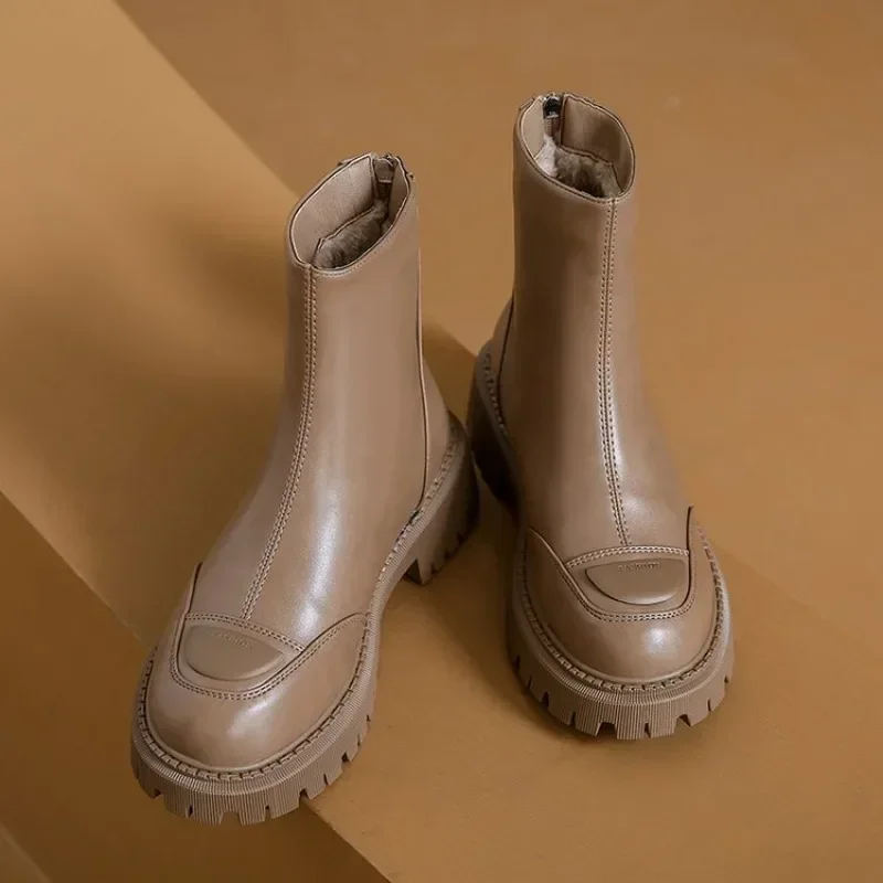 2023 New Winter New Ankle Boots Women Platform Leather Chelsea Boots Female Round Toe Elastic Thick Sole Shoes Ladies Zapatos