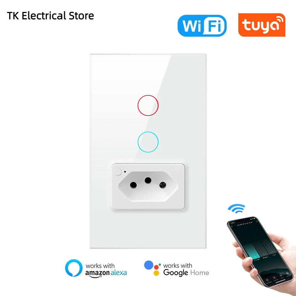 

Tuya WiFi Zigbee Switch 16A 20A Socket,Brazil Standard 4X2 Glass Panel Smart Light Switch work with Alexa Google home