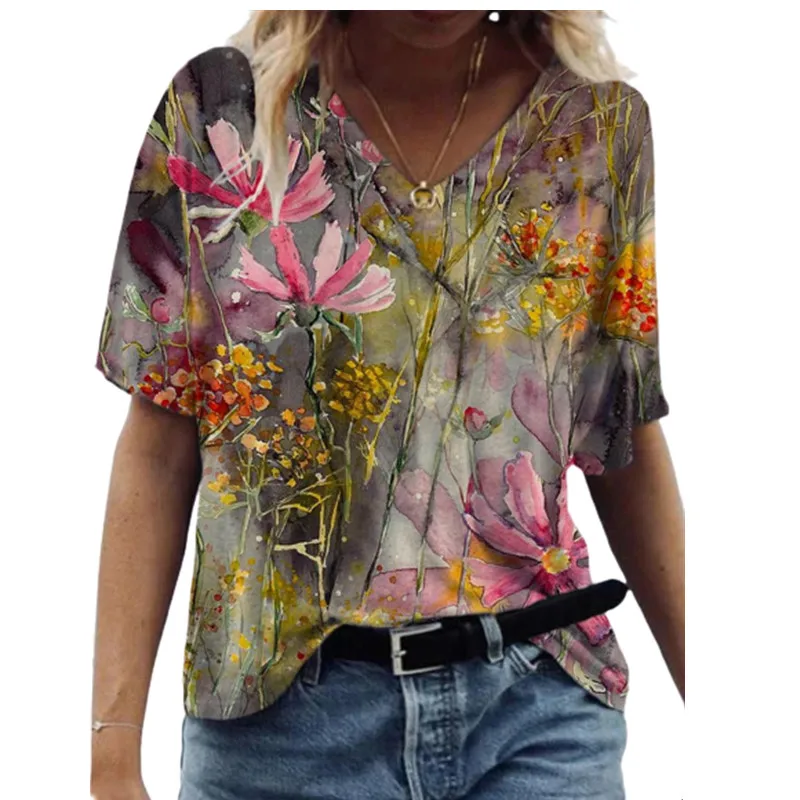 3D Tie Dye Sunflower Women Print Tops Summer 2021 New Fashion Ladies Short Sleeve V-Neck Casual T Shirt Loose Plus Size Tee Tops black and white striped shirt