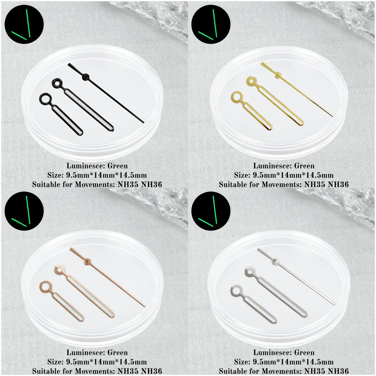 Enhanced Luminous Green Watch Hands Set with Unique Modified Design (9*14*14.5mm, 3-Pin Needles)